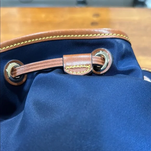 Dooney & Bourke Italian Nylon Navy and Brown Hobo Drawstring Bag - Picture 5 of 15